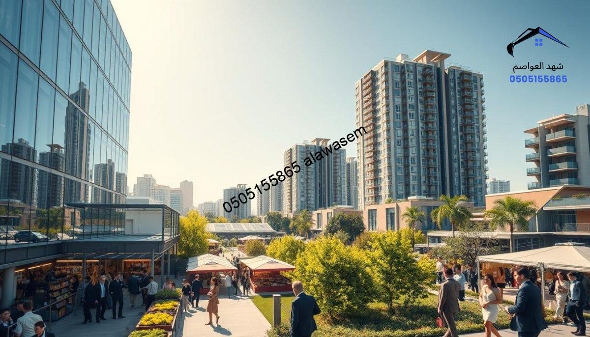 A vibrant urban landscape showcasing a blend of residential and commercial projects. In the foreground, sleek modern buildings with large glass facades, illustrating eco-friendly architecture. The middle ground features a bustling marketplace with vendors and shoppers, surrounded by lush green parks. In the background, high-rise apartments tower against a clear blue sky, with solar panels and greenery integrated into the design. The scene is illuminated by warm, golden sunlight, creating an inviting atmosphere. Capture the essence of modern urban living, with people dressed in professional business attire engaged in activities around the projects, reflecting a sense of community and collaboration. Ensure the image is lively but professionally composed, focusing on the development's harmonious integration within the urban environment.