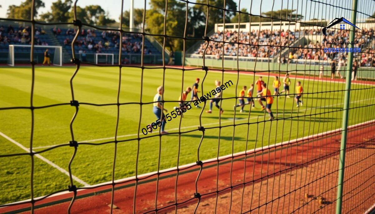 A vibrant, well-maintained sports field surrounded by high-quality mesh fencing, known as "شبوك ملاعب," captures the dynamic atmosphere of an outdoor sports event. In the foreground, close-up views of the sturdy mesh structure highlight its durability and effectiveness in safeguarding spectators while enhancing visibility. The middle ground features athletes in colorful uniforms actively playing soccer, showcasing teamwork and excitement, with an audience in the background cheering passionately. The scene is illuminated by warm daylight, casting soft shadows that create a lively yet professional ambiance. A slightly elevated angle captures the entire setting, giving it a sense of scale and energy. The overall mood reflects a thrilling, family-friendly sporting experience, emphasizing the importance of safety and engagement with the surroundings.