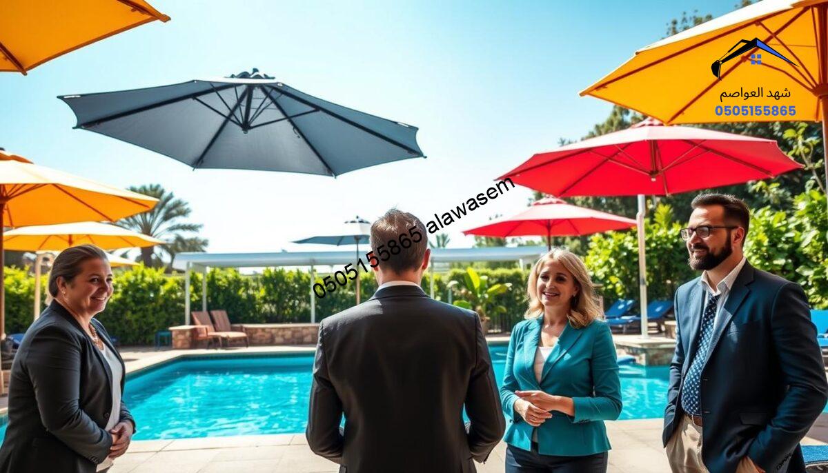 A visually appealing and informative scene showcasing a variety of pool shade installations, highlighting customer testimonials. In the foreground, feature satisfied customers in professional attire discussing their experiences with pool shades. They should be surrounded by vibrant, colorful pool umbrellas and shades in various styles, indicating affordability and quality. In the middle ground, display a beautifully designed swimming pool area with sunlight reflecting off the water, creating a warm and inviting atmosphere. The background includes lush greenery and a clear blue sky, enhancing the serene environment. Use soft, natural lighting to evoke a sense of satisfaction and trust. Capture the scene from a slightly elevated angle, allowing for a comprehensive view of both the customers' expressions and the pool shade products.