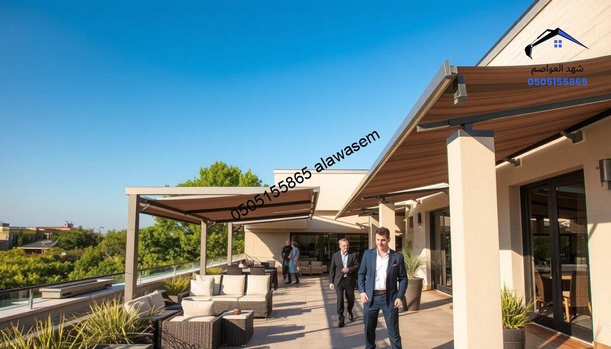 A visually appealing and professional image showcasing a variety of outdoor shading solutions for rooftops and outdoor spaces. In the foreground, display elegant and modern outdoor canopies in different styles, colors, and fabrics, highlighting their versatility and quality. In the middle ground, include a well-designed patio area with people dressed in professional business attire, discussing or examining the shading products, emphasizing a community-oriented atmosphere. The background features a clear blue sky and lush greenery, creating a serene and inviting environment. The lighting should be bright and natural, simulating a sunny day, while the angle captures a slightly elevated perspective, showcasing both the products and the engaging outdoor setting. The overall mood should convey professionalism, innovation, and customer satisfaction.