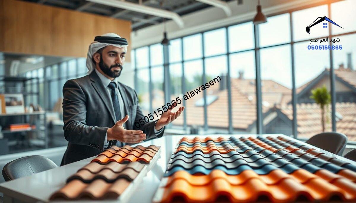 A visually appealing scene showcasing a professional consultant in a modern office environment discussing a roof tile project. In the foreground, a well-dressed consultant, a Middle-Eastern male, is presenting colorful Spanish roof tile samples on a sleek table. The middle ground features a variety of roof tile designs displayed neatly, with natural light streaming in from large windows, creating a warm and inviting atmosphere. In the background, blurred images of a roof installation process can be seen through the windows, enhancing the theme of expertise in roof tiles. The overall mood is uplifting and professional, conveying a sense of guidance and expertise. The lighting is bright and clear, emphasizing the vibrant colors of the tiles.