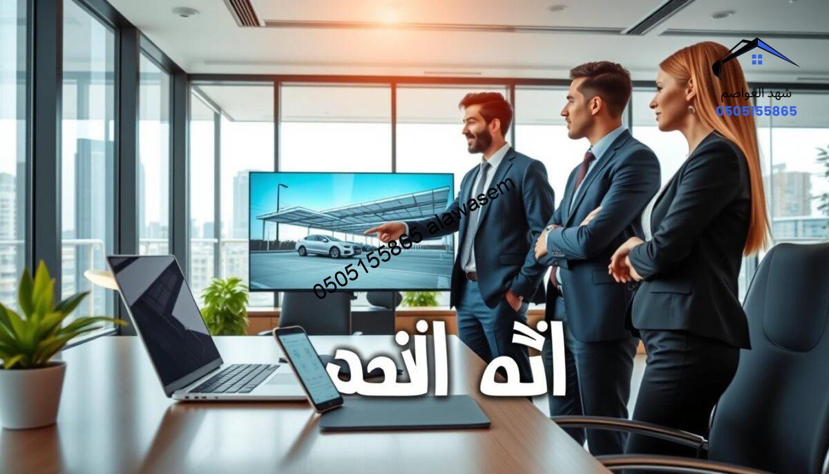 A visually engaging image illustrating the phrase "تواصل معنا" featuring a professional business setting. In the foreground, depict a modern office desk with a sleek laptop and a smartphone displaying a contact page. Include a potted plant beside the desk for a touch of warmth. In the middle ground, show a group of four diverse professionals, two men and two women, dressed in smart business attire engaged in a discussion, pointing towards a digital display showcasing car parking shade structures. The background can feature large windows allowing natural light to flood the room, with a city skyline visible outside. Aim for a bright, inviting atmosphere that conveys professionalism and accessibility.