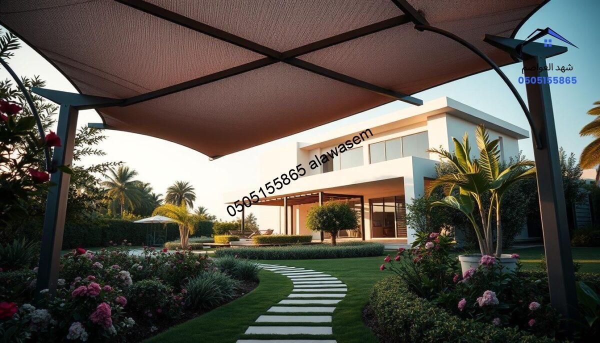 A visually striking image depicting a custom-designed shade structure for villas and homes. In the foreground, showcase a beautifully crafted shade structure made of high-quality materials, incorporating elegant geometric patterns and vibrant colors. The middle ground should feature a well-manicured garden with blooming flowers and a pathway, enhancing the intimate atmosphere. In the background, a stylish modern villa stands, accentuated by soft afternoon light, casting gentle shadows that create a warm and inviting ambiance. The scene should be captured from a low angle, providing a sense of grandeur to the shade structure while keeping the focus on its intricate design and functionality. The overall mood should be serene and sophisticated, highlighting the idea of personalized outdoor spaces.