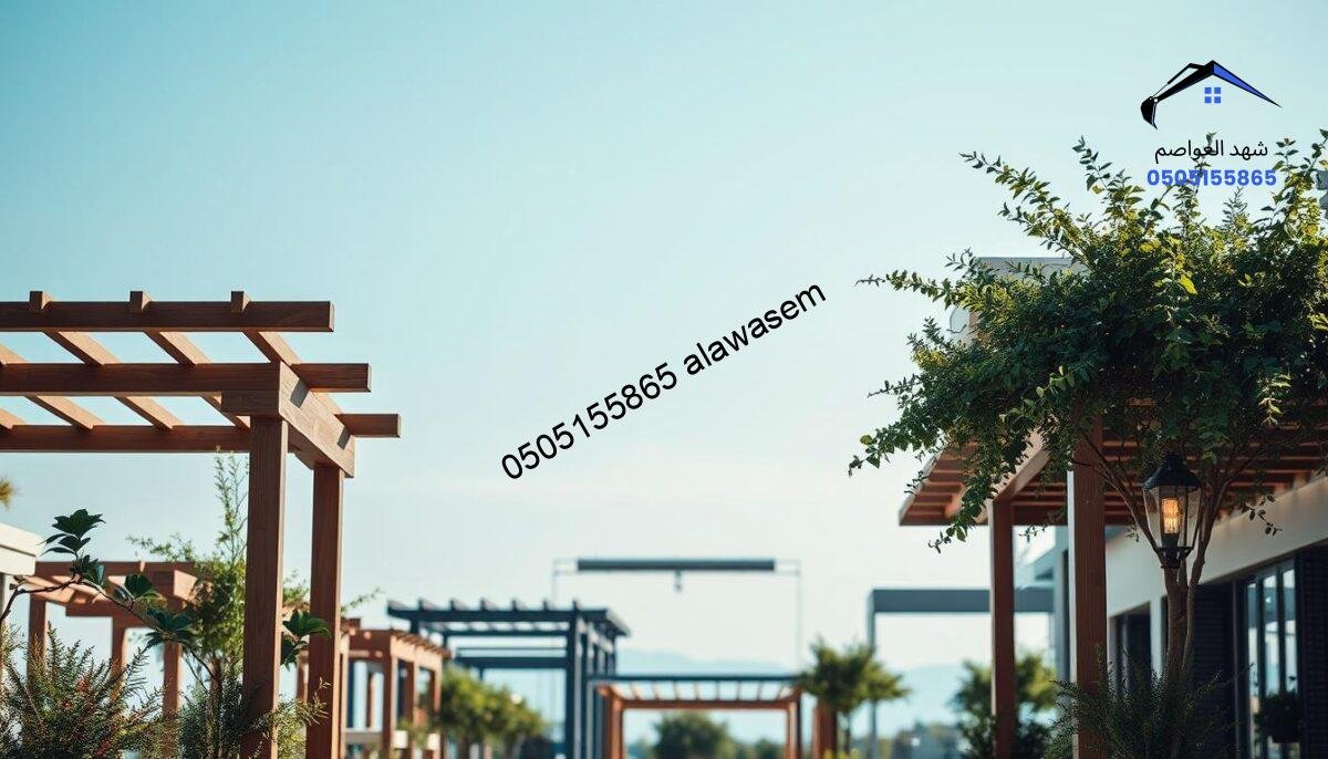 A visually striking image showcasing innovative designs of structures and pergolas, set in a serene outdoor environment. In the foreground, highlight elegant pergolas crafted from high-quality wood and metal, adorned with lush greenery and decorative lighting. In the middle ground, display a variety of unique structural designs that provide shade and aesthetics, featuring modern geometric shapes and traditional elements. The background should softly blend into a clear blue sky, enhancing the tranquil atmosphere. Use natural lighting to create a warm, inviting ambiance, with a focus on shadows cast by the pergolas. Capture the scene from a slightly elevated angle to emphasize depth and perspective, ensuring a harmonious composition that illustrates the essence of innovative shelter solutions.