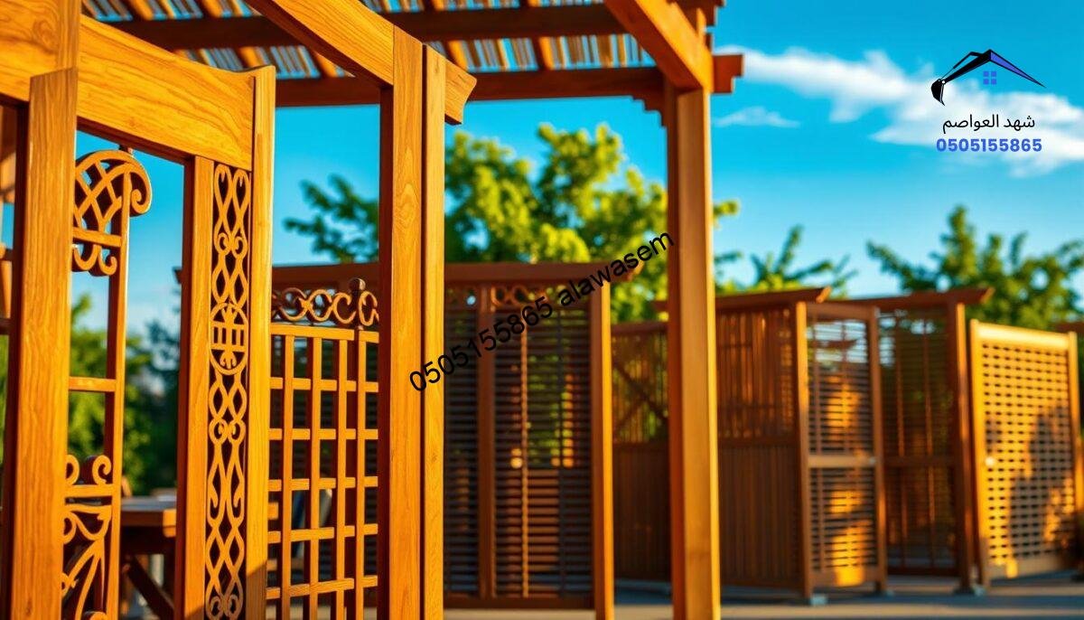 A vivid illustration of elegant wooden screens used for outdoor shading, showcasing various designs and finishes. In the foreground, a beautifully crafted wooden screen with intricate carvings and a smooth finish captures attention. The middle ground features several options of wooden screens, arranged neatly, demonstrating versatility in style and function. In the background, a softly blurred outdoor setting with lush greenery and a clear blue sky enhances the natural aesthetic. The lighting is warm and inviting, mimicking golden hour, casting gentle shadows that highlight the textures of the wood. The atmosphere is tranquil and relaxed, ideal for a commercial space or garden, suggesting comfort and style in outdoor environments. The image should be captured from a slightly elevated angle to encompass the full beauty of the wooden screens without any text or branding.