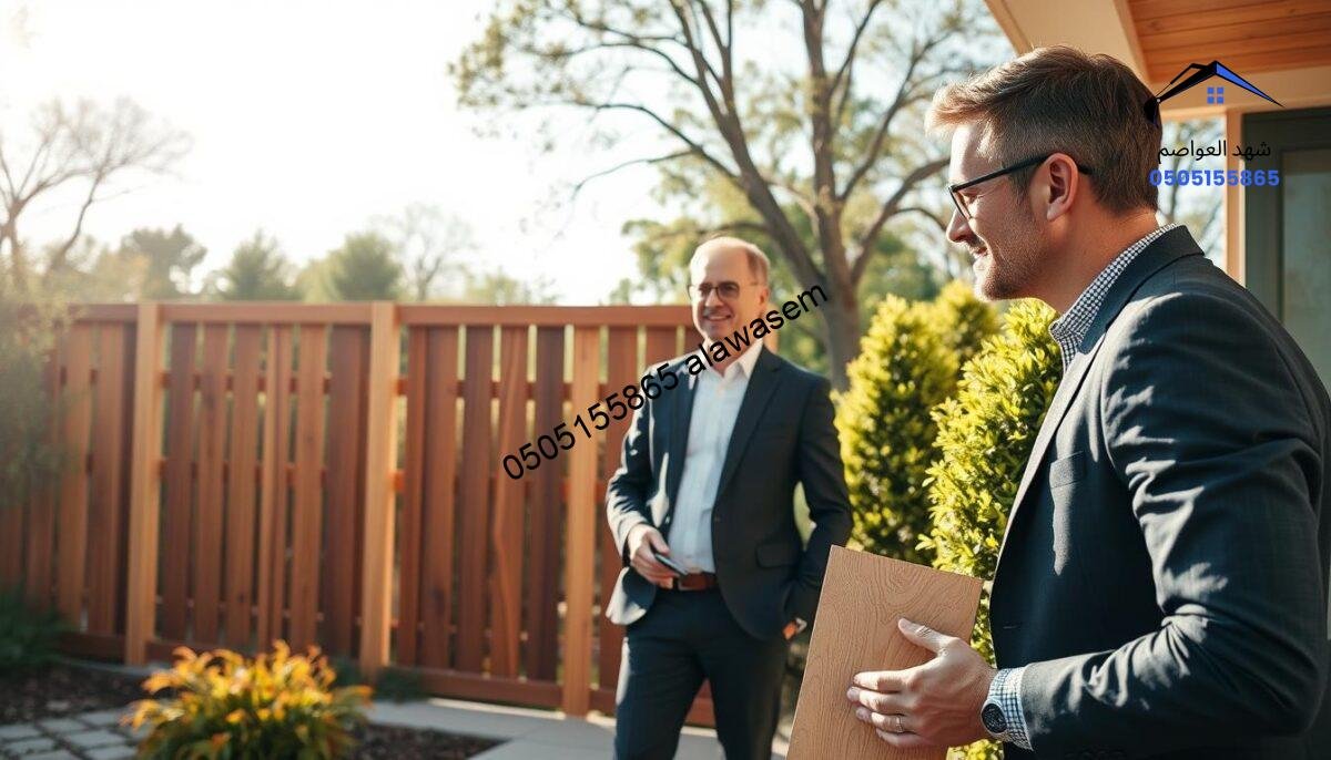 A welcoming and professional consultation scene featuring a friendly consultant discussing wooden curtain installation options with a potential client at an outdoor setting. In the foreground, the consultant, dressed in smart casual attire, gestures towards a wooden sample, showcasing its texture and finish. The client, equally dressed in professional attire, appears engaged and interested. In the middle ground, a beautifully constructed wooden barrier or curtain can be seen, reflecting natural wood grains, surrounded by a well-kept garden. The background features a clear sky with soft sunlight filtering through trees, creating a warm and inviting atmosphere. The image should evoke a sense of expertise and professionalism, suitable for an article discussing wooden curtains.