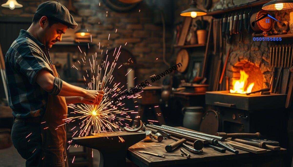 A well-crafted scene capturing the essence of artistic blacksmithing ("أعمال الحدادة الفنية") in a vibrant workshop. In the foreground, a skilled artisan, dressed in modest casual clothing, is meticulously shaping a piece of metal into an intricate design. Sparks fly as the metal is hammered, creating a dynamic and lively atmosphere. The middle of the scene features a workbench filled with various tools such as hammers, anvils, pliers, and completed metal art pieces that display elegance and creativity. In the background, warm ambient lighting highlights the rustic stone and wooden walls, with glowing forge flames casting a golden hue, enhancing the artistry of blacksmithing. The overall mood is vibrant and industrious, emphasizing craftsmanship and dedication.