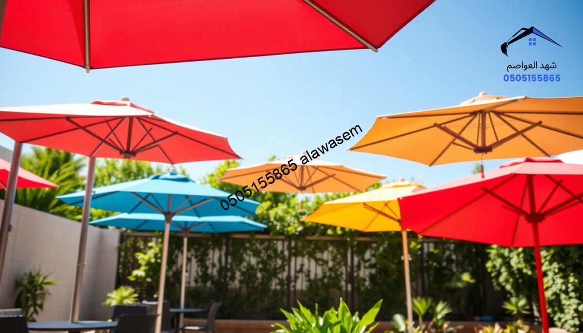 A well-designed outdoor space featuring PVC umbrellas in various colors and styles, showcasing their versatility. In the foreground, a collection of vibrant PVC umbrellas with sleek curves and modern designs, arranged symmetrically. The middle ground includes a tranquil patio area with tables and chairs partially shaded by the umbrellas, emphasizing a relaxing atmosphere. In the background, a sunny blue sky enhances the lively colors of the umbrellas while lush green plants frame the scene, creating an inviting garden space. Use soft, diffused lighting to accentuate the textures of the PVC material, with a slight lens blur applied to the background for depth. The overall mood should feel cheerful and welcoming, ideal for outdoor gatherings and leisure time.