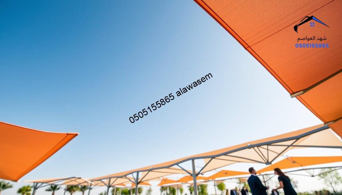 A well-maintained X-frame shade structure set against a clear blue sky. In the foreground, a close-up view of the vibrant fabric of the shade, featuring intricate stitching and secure attachments. In the middle ground, several X-frame canopies in varying sizes showcasing their stability, with people in professional attire interacting under the shades. The background displays a sunny outdoor environment, possibly a park or a public space, enhanced by soft sunlight casting gentle shadows. The angle is slightly elevated to capture the overall setup, emphasizing structure and protection. The atmosphere is calm and inviting, illustrating the practical benefits of X-frame canopies.