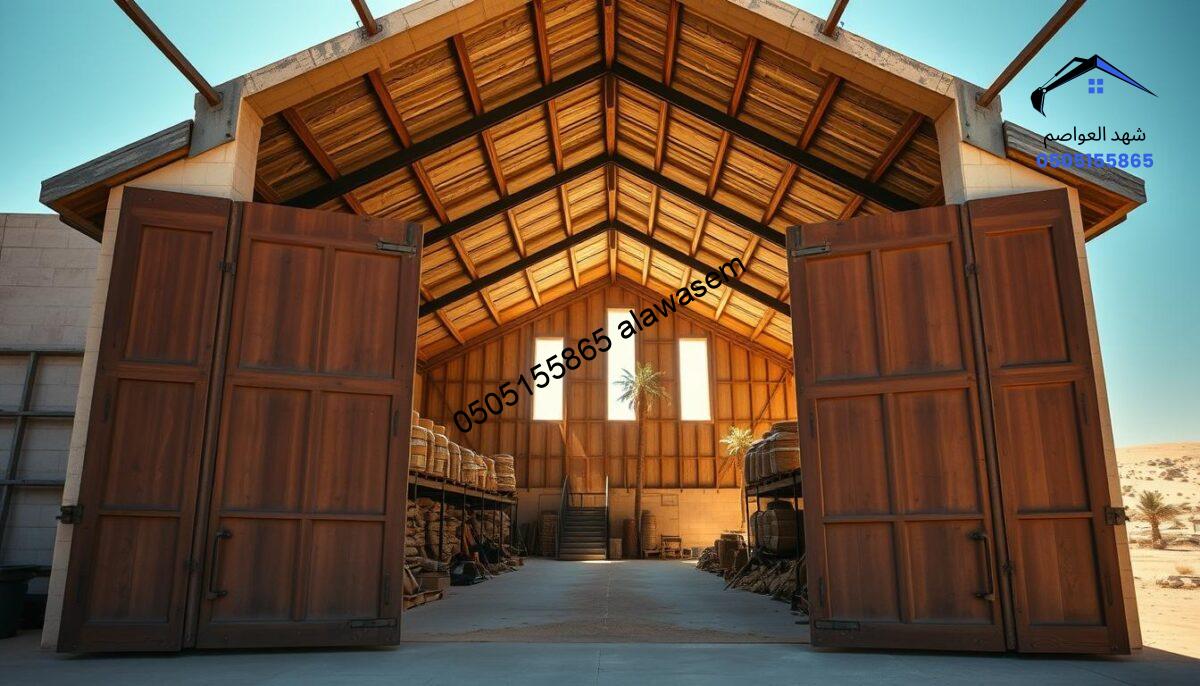 A well-structured warehouse for agricultural storage, showcasing traditional Arabic architectural elements. The foreground features large, sturdy doors slightly ajar, inviting viewers to glimpse into the vast interior, filled with various agricultural products like grains and tools neatly arranged. In the middle ground, natural light streams through high windows, illuminating the wooden beams and metal supports, creating a warm, welcoming atmosphere. The background captures the surrounding landscape, including palm trees and arid terrain, under a clear blue sky. The image conveys a sense of stability, functionality, and cultural heritage, emphasizing the importance of storage facilities in agricultural practices. Use a wide-angle lens for an expansive view, with soft, natural lighting to enhance the mood.