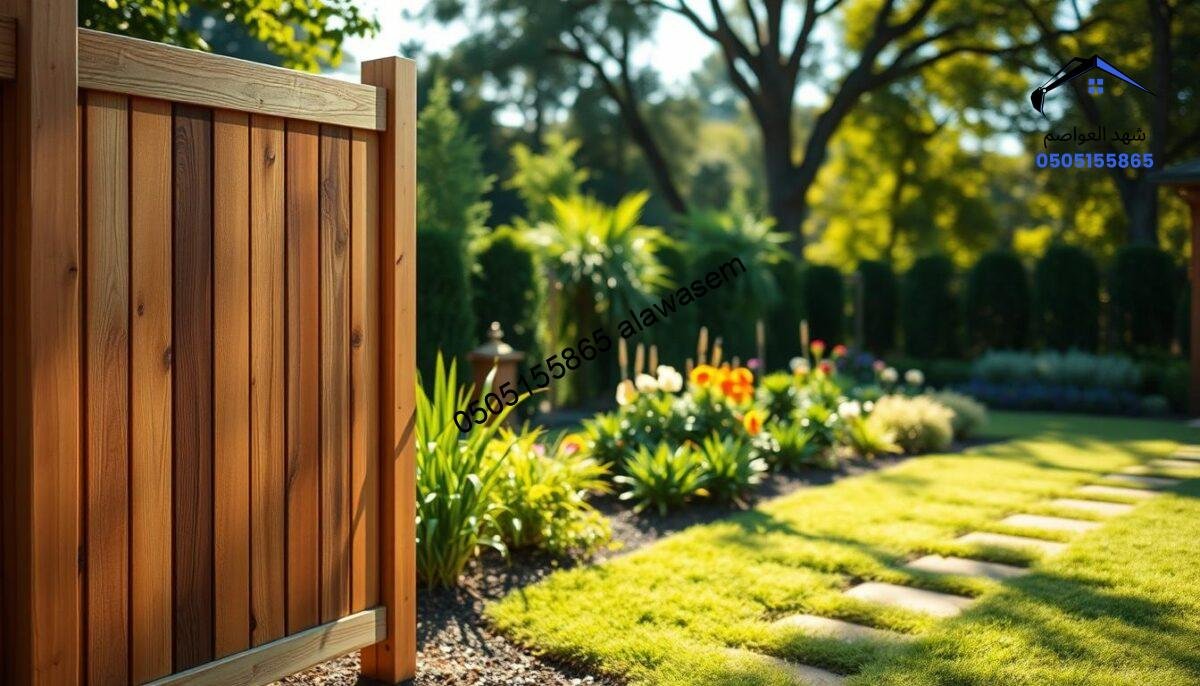 A wooden privacy screen made of treated wood, showcasing its smooth, polished surface and natural grain patterns. In the foreground, the screen stands upright, casting soft shadows on the ground. The middle ground features a beautifully landscaped garden, with vibrant green plants and colorful flowers surrounding the screen, emphasizing its integration with nature. In the background, a gentle sunlight filters through the trees, creating a warm and inviting atmosphere. The scene is captured with a shallow depth of field, drawing focus on the details of the wood while softly blurring the background. The overall mood is tranquil and serene, inviting viewers to appreciate the craftsmanship and functionality of the wooden screen.