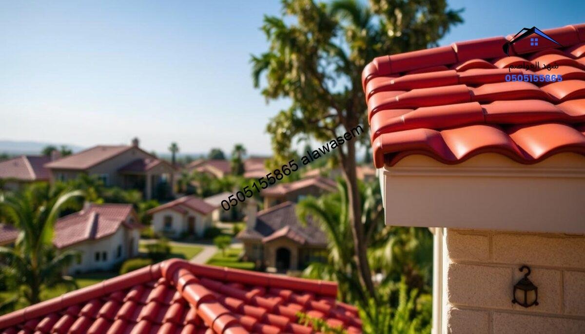 An impressive display of previous Spanish tile installation projects, showcasing various styles and colors of tile roofs. In the foreground, a beautifully finished house with a bright, red Spanish tile roof glistening under the warm sunlight. The middle ground features several smaller homes, each exhibiting unique tile designs, set in a lush green garden environment. The background reveals a clear blue sky, enhancing the vibrant colors of the tiles. The scene captures a sense of professionalism and artistry, with soft sunlight creating a serene ambiance. Emphasize the details in the textures of the tiles and the architectural elements of the houses, with a slightly angled perspective that adds depth to the composition.