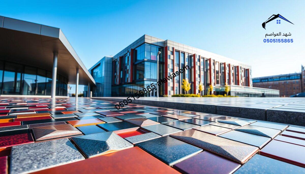 Contemporary iron tiles in a modern architectural setting, showcasing their sleek, metallic texture and unique geometric designs. The foreground features a vibrant assortment of iron tiles arranged artfully, with reflections highlighting their polished surfaces. In the middle ground, a stylish building façade incorporates these tiles seamlessly into its construction, demonstrating their application in contemporary design. The background reveals a clear blue sky, enhancing the vibrant colors of the tiles. Use soft, natural daylight to illuminate the scene, creating subtle shadows that emphasize the tiles' contours. A slightly angled perspective offers depth, allowing viewers to appreciate both the artistry of the tiles and their integration into modern architecture. Aim for a clean, professional atmosphere that showcases innovation in design.