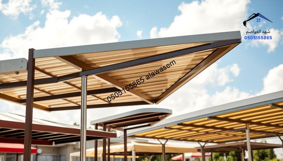 High-quality metal canopies in a sunny outdoor setting, showcasing their sleek design and durability. The scene features various styles and colors of these canopies, prominently displayed in the foreground. The background includes a clear blue sky with soft clouds, emphasizing the outdoor ambiance. Bright, natural lighting enhances the metallic surfaces, reflecting the sun's rays, while providing a warm and inviting atmosphere. Capture the canopies from a slightly elevated angle to highlight their height and robust structure, making the viewer appreciate their practical benefits. A subtle shadow cast by the canopies adds depth to the scene, conveying a sense of protection and comfort. No human figures are present, ensuring the focus remains on the metal canopies themselves.