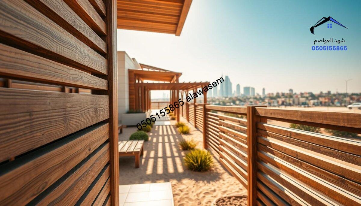 Wooden barriers in Riyadh, showcasing a traditional and modern architectural blend. In the foreground, well-constructed wooden slats are positioned horizontally, displaying rich textures and the natural grain of the wood. The middle ground features a serene, landscaped setting with low shrubs and sand-colored pathways, emphasizing the barriers' functionality in providing privacy and shade. In the background, a soft-focus skyline of Riyadh is visible under a clear blue sky, suggesting warmth and vitality. The scene is bathed in warm, golden sunlight, emphasizing the wood's natural beauty and the peaceful atmosphere. The composition should evoke a sense of tranquility and showcase the importance of wooden barriers in urban environments.