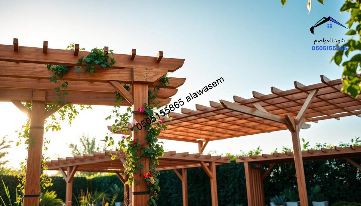 A beautifully arranged display of various types of wooden garden canopies, showcasing a range of designs and styles. In the foreground, present an elegant wooden pergola adorned with climbing vines and colorful flowers. In the middle, feature several unique wooden shade structures, including a traditional Arabian-style canopy and a modern minimalist design, each providing ample shade and aesthetics. The background showcases a serene garden setting under a clear blue sky, with soft, natural lighting filtering through the leaves to create a warm atmosphere. The angle is slightly elevated, allowing a comprehensive view of the different canopies, enhancing their textures and craftsmanship. The overall mood is inviting and tranquil, perfect for a peaceful outdoor retreat.