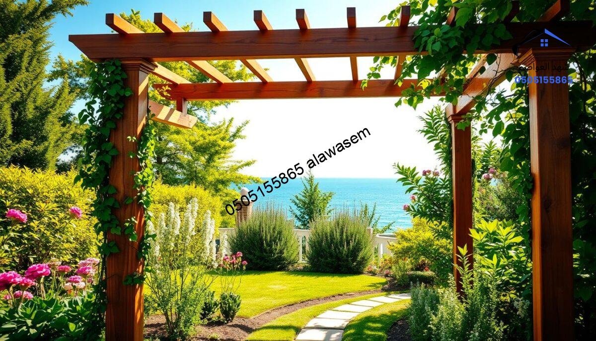 A beautifully crafted wooden pergola set in a vibrant garden, showcasing intricate woodwork and elegant design. In the foreground, the pergola features a rich, earthy wood finish, accentuated by climbing vines and colorful flowers, creating a sense of harmony with nature. In the middle ground, the bright greenery of various plants and shrubs enhances the scene, while a well-maintained pathway leads towards the pergola. The background offers a serene view of a clear blue sky, with soft sunshine filtering through the foliage, casting delicate shadows on the ground. The atmosphere is tranquil and inviting, perfect for outdoor relaxation and aesthetic appeal. Capture this scene with a wide-angle lens, ensuring the pergola is the focal point, surrounded by the beauty of nature.