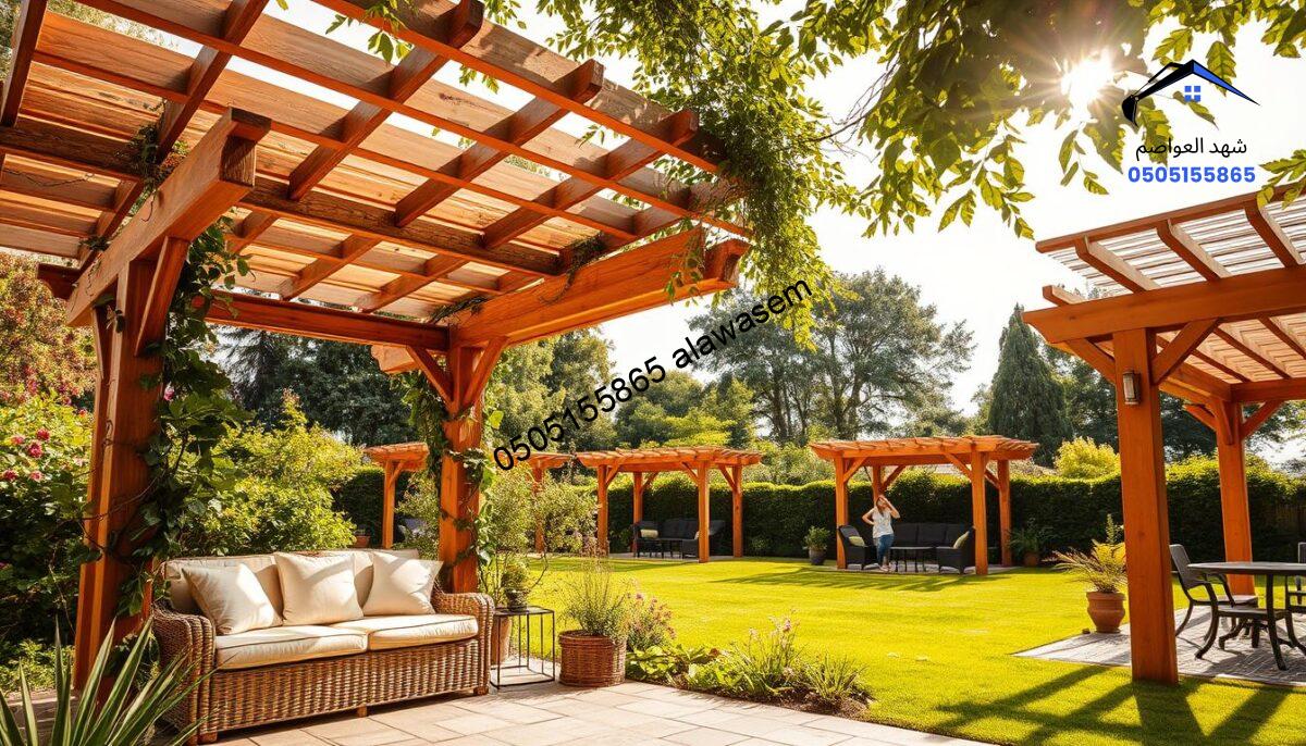 A beautifully designed garden space featuring exquisite wooden canopies, showcasing various styles and designs of garden shades. In the foreground, present a cozy seating area beneath a large, elegant wooden pergola adorned with climbing plants and soft cushions. The middle ground should display more wooden shade structures, ranging from traditional to modern designs, offering a variety of uses for outdoor living. In the background, lush greenery and vibrant flowers create a serene garden environment. The image should capture warm, inviting sunlight filtering through the wooden slats, creating playful shadows on the ground. Use a wide-angle perspective to emphasize the beauty of these garden projects, evoking a tranquil and inviting atmosphere.