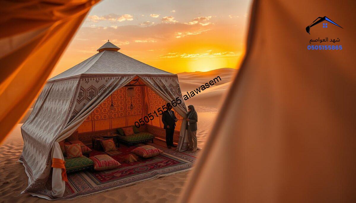 A beautifully designed traditional Bedouin tent (بيت الشعر) in an expansive desert landscape, showcasing the intricate patterns and textures of the fabric. In the foreground, the tent entrance is open, revealing elegant, colorful cushions and tribal decorations arranged inside. The middle ground features a small gathering, with a few people dressed in modest, professional attire, discussing the design and installation process. The background captures rolling sand dunes under a vibrant sunset sky, casting warm, golden light across the scene. The angle is slightly elevated, providing an overview of the tent and surroundings, creating a warm, inviting mood that reflects cultural heritage and craftsmanship throughout the image.