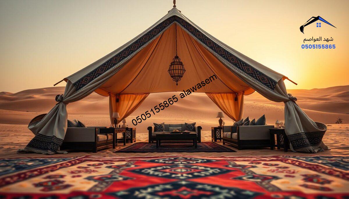 A beautifully designed traditional Bedouin tent, known as "بيت شعر," set in a serene desert landscape. In the foreground, detailed craftsmanship of the tent's fabric showcases intricate patterns and vibrant colors. The middle ground features elegantly arranged furnishings, like plush seating and decorative elements that reflect cultural heritage. In the background, the sun sets, casting a warm golden glow over rolling sand dunes, creating an inviting atmosphere. The scene is captured from a low angle to emphasize the tent's height against the expansive sky. Soft, diffused lighting enhances the warmth of the setting, while maintaining a professional tone, appropriate for a business article focused on tent design and installation. The composition evokes a sense of tranquility and cultural richness.