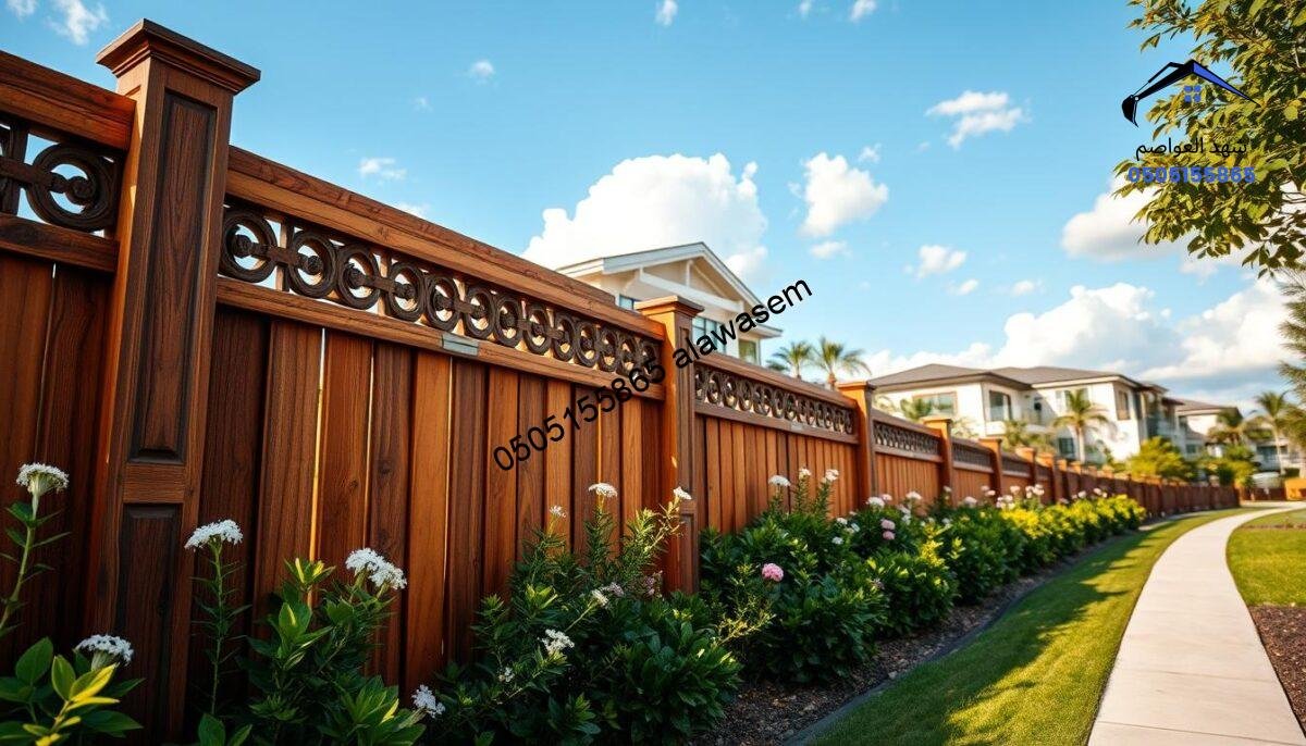 A beautifully designed wooden fence in a modern residential neighborhood, showcasing distinctive features such as intricate carvings and natural wood textures. In the foreground, vibrant greenery and flowering plants complement the fence, while in the middle ground, a luxurious villa with large windows and elegant architecture stands prominently. The background reveals a clear blue sky with soft, fluffy clouds, creating a serene atmosphere. The warm sunlight bathes the scene, emphasizing the rich tones of the wood and the lush garden. The angle is slightly elevated, providing a panoramic view that captures both the elegance of the wooden fence and the sophistication of the villa. The overall mood evokes a sense of tranquility and stylish living, perfect for a modern residential area.