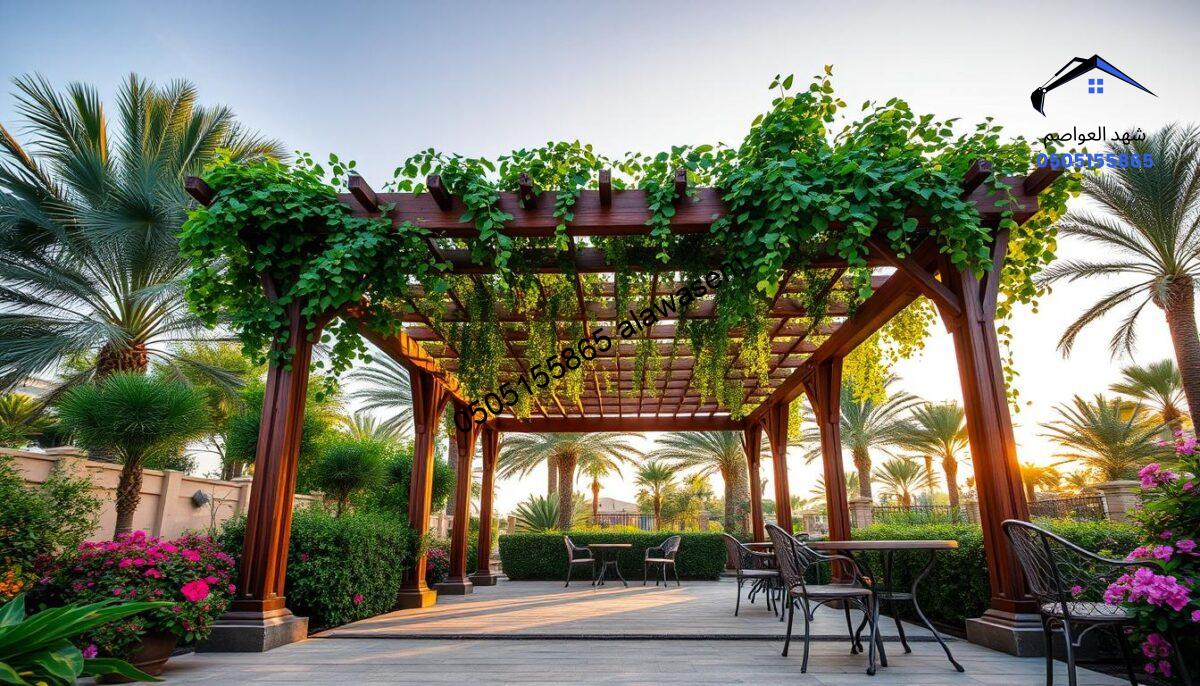 A beautifully designed wooden pergola in a garden setting in northern Riyadh, surrounded by lush greenery and flowering plants. The pergola features intricate, custom woodwork that showcases artisanal craftsmanship, providing a functional and aesthetic appeal. In the foreground, small patio tables with elegant chairs invite relaxation. The middle ground presents the pergola adorned with climbing vines, casting dappled sunlight on the ground below. In the background, subtropical trees create a serene backdrop, adding to the tranquility of the space. The scene is captured in soft, warm lighting during the golden hour, enhancing the inviting atmosphere. A low angle view emphasizes the pergola's grandeur. The overall mood is peaceful and harmonious, inviting viewers to envision outdoor leisure.