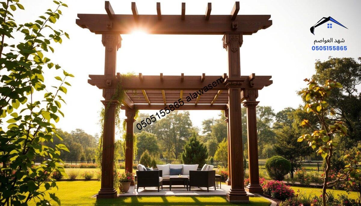 A beautifully designed wooden pergola in a serene garden setting, with intricately carved beams and a slatted roof allowing sunlight to filter through. The foreground features lush green plants climbing the posts, while a cozy seating area with elegant outdoor furniture sits beneath the structure, inviting relaxation. In the middle ground, the pergola is surrounded by vibrant flowers and a well-manicured lawn. The background showcases distant trees, bathed in warm, golden sunlight that creates a peaceful atmosphere. The image is captured from a low angle to emphasize the height and craftsmanship of the pergola, with soft shadows adding depth and texture to the scene. The overall mood is tranquil and inviting, reflecting the beauty and importance of wooden pergolas in outdoor spaces.