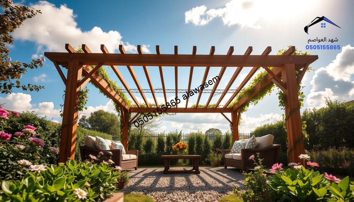 A beautifully designed wooden pergola, showcasing intricate wooden beams and a slatted roof, stands prominently in a lush garden setting. In the foreground, vibrant green plants and blooming flowers create a picturesque scene, while comfortable outdoor furniture with soft cushions invites relaxation. The middle ground features the wooden structure adorned with climbing vines, surrounded by a neatly arranged gravel pathway. In the background, a bright blue sky with soft, fluffy clouds enhances the tranquil atmosphere. The image is illuminated by warm, golden sunlight, casting gentle shadows that emphasize the craftsmanship of the wooden details. Shot from a slightly elevated angle, this composition highlights the elegance and functionality of wooden shades in an outdoor space. The overall mood exudes calmness and natural beauty, perfect for illustrating the advantages of wooden shade structures.