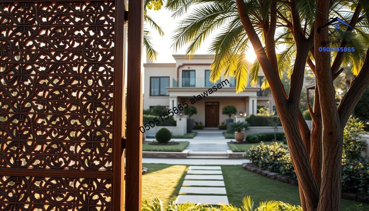 A beautifully designed wooden privacy screen, showcasing intricate patterns and craftsmanship, prominently positioned in the foreground. The screen is made from high-quality wood, with rich textures and a natural finish. In the middle ground, a luxurious villa from the Al-Sahafa and King Fahd neighborhood is visible, blending modern architecture with traditional elements. The background features a lush garden, complementing the serene atmosphere. Soft, warm sunlight filters through the trees, casting gentle shadows and highlighting the wooden screen's details. The angle captures the screen's elegance while framing the villa and garden harmoniously. The overall mood is tranquil and sophisticated, ideal for residential spaces seeking unique design elements.