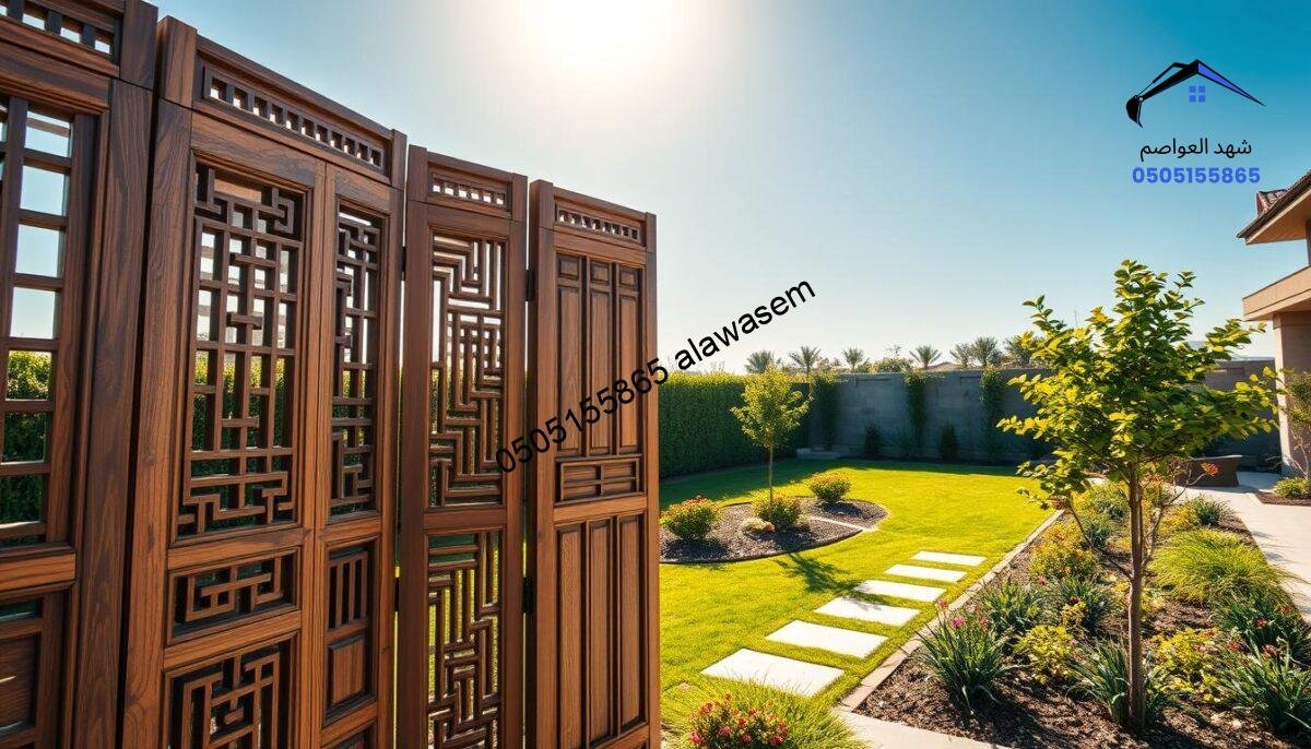 A beautifully designed wooden screen, showcasing various styles and textures, set in a modern urban villa garden. In the foreground, intricate wooden patterns and natural wood grains are highlighted, presenting a mix of traditional and contemporary designs. The middle ground features a lush green landscape that complements the warmth of the wood, while elegant landscaping elements like flowering shrubs and small trees subtly frame the scene. The background shows a clear blue sky bathed in soft, warm sunlight, enhancing the inviting atmosphere. The scene conveys a sense of elegance and tranquility, ideal for showcasing distinctive wooden screens used in upscale villas. Use a close-up angle to capture the details of the wooden craftsmanship, with a focus on natural lighting that brings out the richness of the wood.