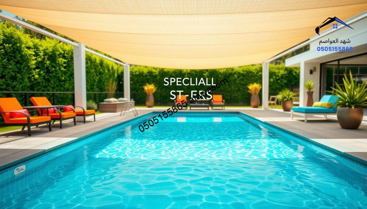 A beautifully landscaped backyard scene featuring a luxurious swimming pool covered by a stylish, modern shade canopy. In the foreground, showcase details of the pool with clear, sparkling water reflecting sunlight, surrounded by elegant patio furniture in vibrant colors. In the middle ground, emphasize an enticing shade structure that indicates special offers, designed with sleek lines and contemporary materials. The background should include lush greenery and perhaps a few decorative plants for a refreshing vibe. The lighting is bright and inviting, with sunlight casting soft shadows for a relaxed atmosphere. Aim for a vibrant, appealing look that conveys affordability and the allure of special promotions related to pool shade solutions.