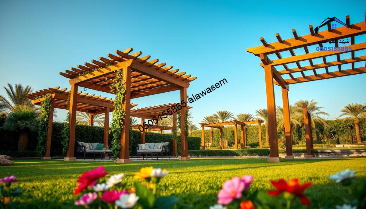 A beautifully landscaped garden in Riyadh, featuring elegant wooden canopies providing shade. The foreground showcases a well-maintained lawn with vibrant flowers blooming in assorted colors. In the middle, several wooden pergolas are strategically placed, adorned with climbing vines and offering a relaxing sitting area with comfortable outdoor furniture. The background reveals a lush arrangement of palm trees and other greenery, with a clear blue sky overhead, capturing the serene atmosphere of a sunny day. Warm, natural lighting enhances the inviting feel of the scene, while a slight depth of field focuses attention on the wooden structures, presenting them as a pivotal feature in this harmonious garden design. The overall mood is tranquil and inviting, perfect for outdoor leisure.