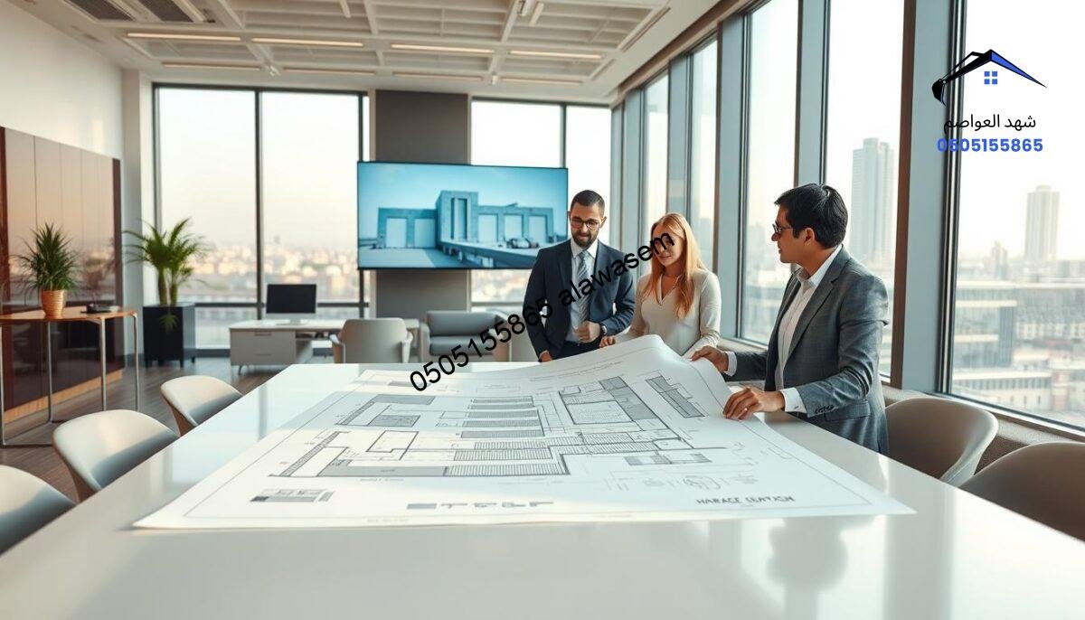 A bright and inviting office environment showcasing a professional consultation scene. In the foreground, a diverse group of three individuals dressed in business attire, discussing a large blueprint of a warehouse structure on a sleek conference table. The middle ground features modern office furniture and a digital screen displaying architectural designs for storage facilities. In the background, large windows allow natural light to flood the room, with a view of the Riyadh skyline visible outside. The overall mood is collaborative and welcoming, conveying a sense of assistance and expertise in providing free consultations. Soft lighting enhances the professional atmosphere, creating an inspirational setting for potential clients seeking warehouse solutions.