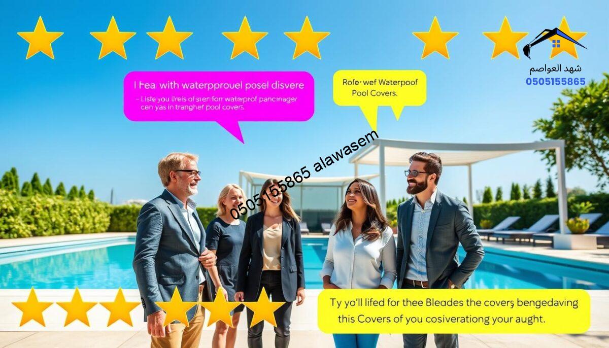 A bright and inviting scene showcasing a collection of glowing customer reviews, represented by colorful star ratings and speech bubbles. In the foreground, a diverse group of three satisfied customers, dressed in smart casual attire, enthusiastically discussing their experiences with waterproof pool covers. The middle ground features a modern pool area with stylish waterproof shade structures, accentuating the attractiveness of the products. In the background, a clear blue sky and lush greenery create a serene atmosphere, enhancing the overall positive experience associated with the evaluations. The lighting is soft and natural, creating an uplifting mood. The angle captures both the customers' expressions and the stylish features of the pool covers, emphasizing their satisfaction and the quality of the products.