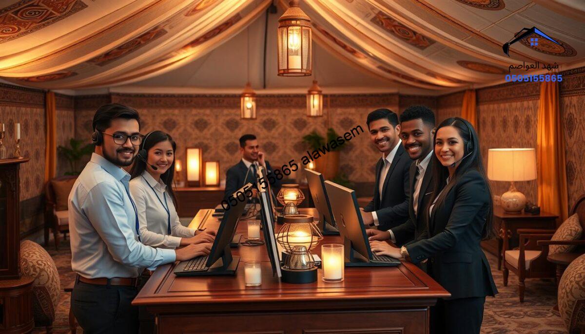 A busy customer service center in a high-end tent setting inspired by traditional Arabian design, featuring elegant wooden furniture and rich tapestry. In the foreground, a diverse group of three professional agents, dressed in smart business attire, are enthusiastically assisting clients, displaying attentive body language and friendly smiles. In the middle, a well-organized service desk with modern technology, such as computers and headsets, showcasing a seamless blend of tradition and technology. In the background, softly illuminated by warm ambient lighting, decorative elements like lanterns and plush cushions create a welcoming atmosphere. The overall mood is one of professionalism and hospitality, emphasizing exceptional customer service in a luxurious environment.