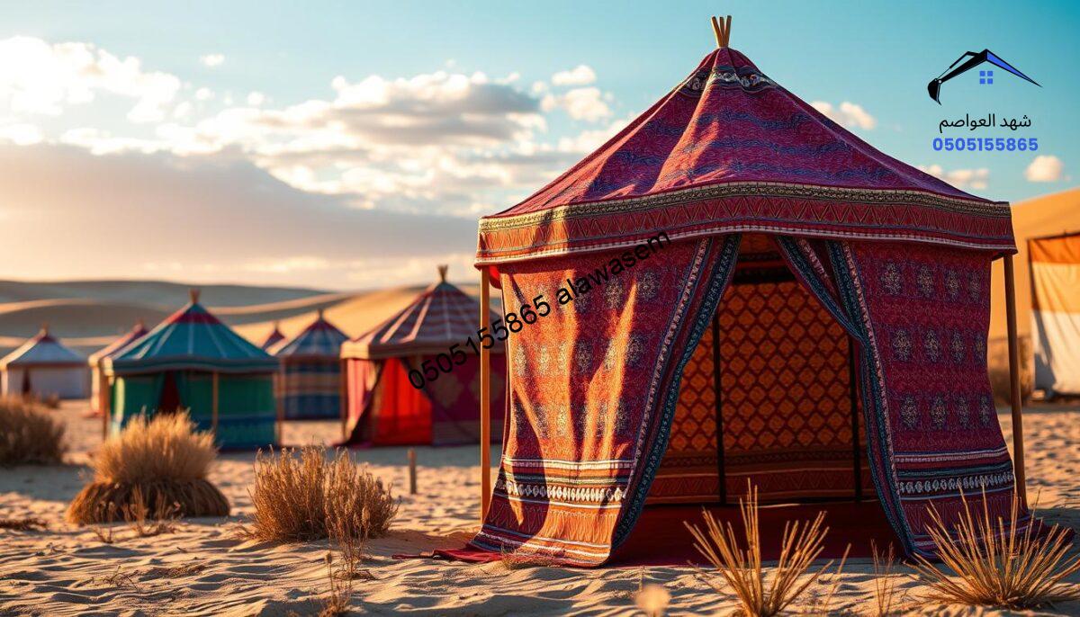 A collection of traditional fabric tents, known as "بيوت شعر," set in a serene outdoor environment. In the foreground, showcase a beautifully crafted tent made of vibrant patterned fabric, intricately designed with geometric motifs. The middle ground features several more tents, each with a unique color palette, blending harmoniously with the surrounding sand dunes and sparse desert vegetation. In the background, a clear blue sky with soft white clouds enhances the peaceful atmosphere. The lighting is warm and inviting, simulating the golden hour just before sunset. Capture the essence of craftsmanship and materiality in the tents, showcasing the textures and colors of the fabric, with a shallow depth of field to emphasize the foreground tent.