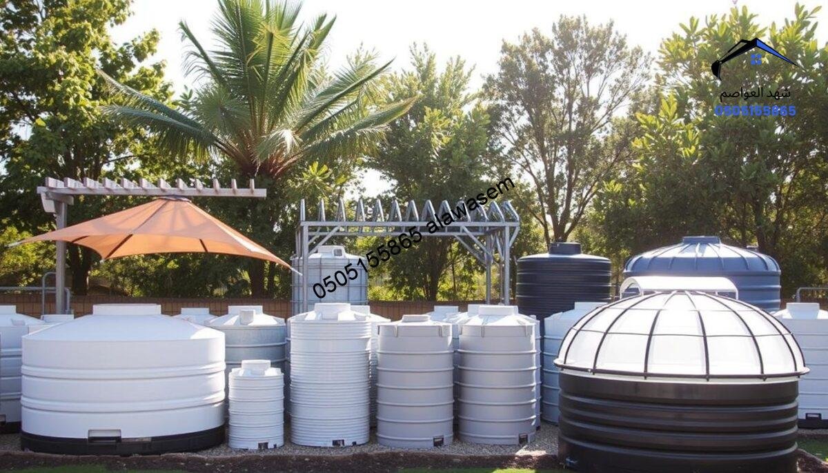 A collection of various types of water tank canopies, displayed in a well-organized manner. In the foreground, feature several distinct canopy designs: a classic triangular shade structure, a modern rectangular pergola, and a dome-shaped cover, each showcasing their unique materials like fabric, metal, and polycarbonate. In the middle, include an array of water tanks, varying in size, beneath these canopies to illustrate the protective function. The background should be a serene outdoor environment, with soft sunlight filtering through the trees, casting gentle shadows on the ground. Use a slightly elevated perspective to capture the scene, creating an informative yet inviting atmosphere that highlights the diversity in water tank canopy designs. The lighting should be bright and natural, enhancing the textures and colors of the canopies and tanks.