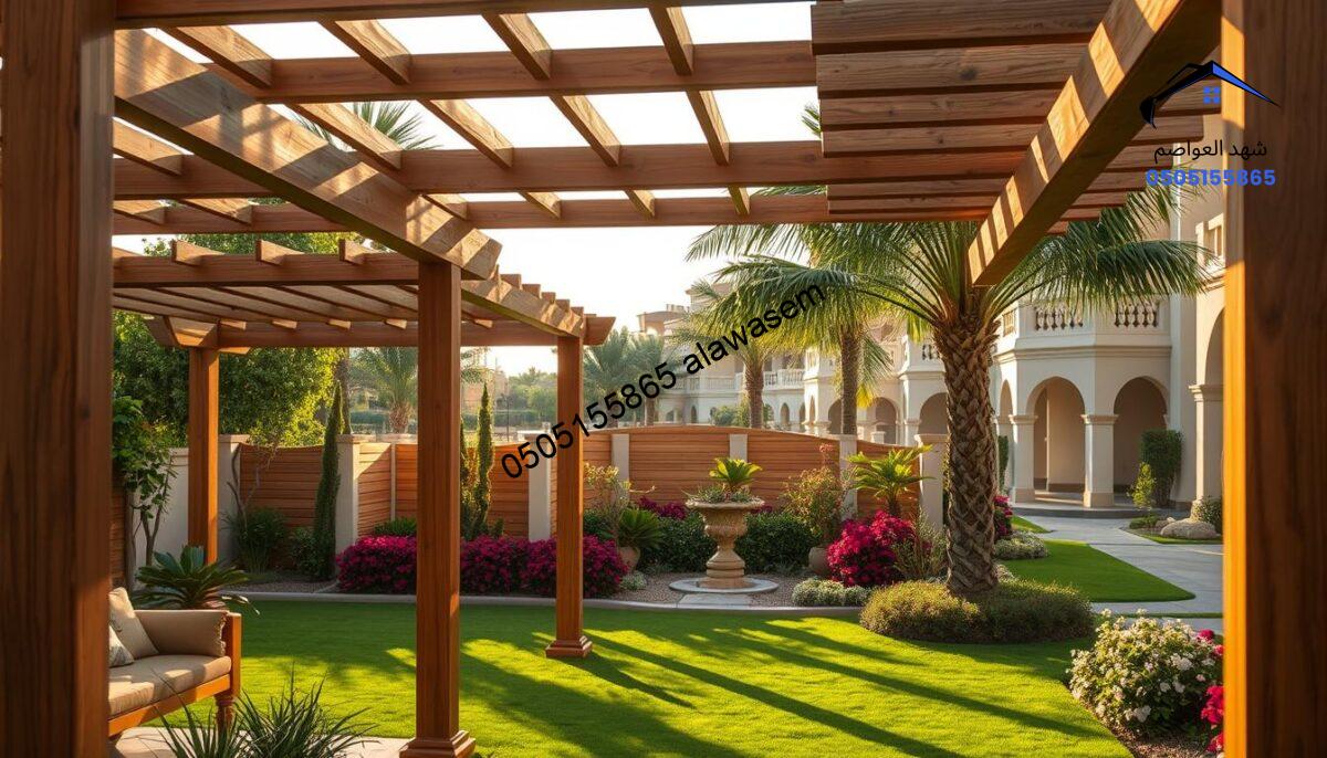 A collection of wooden pergolas set in lush gardens of villas in the Al-Rabi and Al-Narjis neighborhoods of North Riyadh. In the foreground, intricately designed wooden pergolas provide shade over cozy seating areas with cushions and plants. The middle ground features vibrant green lawns and flowering shrubs, creating a serene and inviting atmosphere. In the background, details of elegant villa architecture peek through, with soft sunlight filtering through the trees, casting gentle shadows. The scene is bathed in warm, golden hour lighting, enhancing the wood's texture and the garden's colors. Capture this tranquil setting from a slightly elevated angle, focusing on the interplay of light and shadow to evoke a sense of peace and harmony in a residential environment.