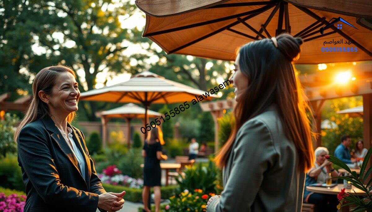 A contemporary customer service scene set outdoors in a beautifully designed garden featuring wooden pergolas. In the foreground, a professional-looking customer service representative, dressed in a smart business outfit, interacts warmly with a satisfied customer. The middle layer showcases elegant wooden garden umbrellas that provide shade, surrounded by lush greenery and colorful flowers, creating a vibrant yet tranquil atmosphere. In the background, other clients enjoy the serene space, adding to the sense of community. The lighting is soft and inviting, mimicking the warm glow of golden hour, with sunlight filtering through the treetops. The overall mood is friendly, professional, and dedicated to customer satisfaction, emphasizing the importance of client care in the context of outdoor wooden structures for gardens.