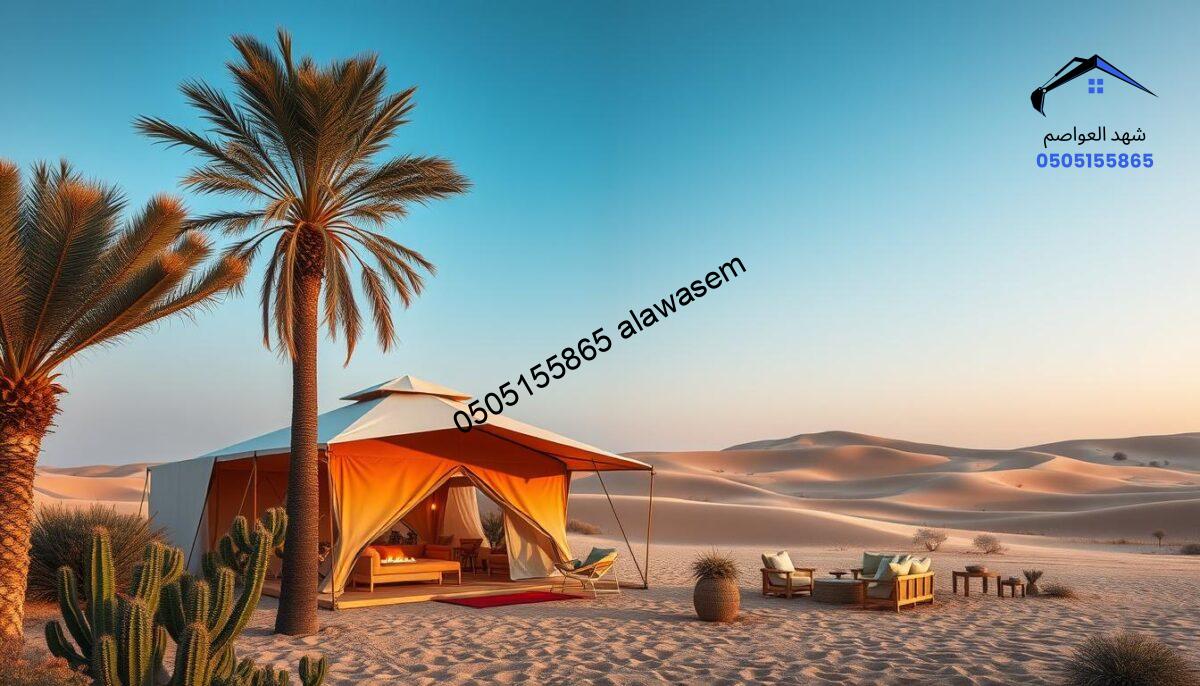 A contemporary desert tent design suited for the harsh climate of Riyadh, showcasing innovative features such as reflective materials, eco-friendly insulation, and ample ventilation. In the foreground, a stylish, modern tent with clean lines and a warm color palette, surrounded by desert flora like cacti and date palms. The middle ground highlights luxurious outdoor furnishings, such as plush seating areas and a fire pit, set against a backdrop of rolling sand dunes. The sky transitions from clear blue to a soft sunset, illuminating the tent with warm, glowing light. The atmosphere is inviting and serene, perfect for outdoor living, emphasizing comfort and style while harmonizing with the natural desert environment.