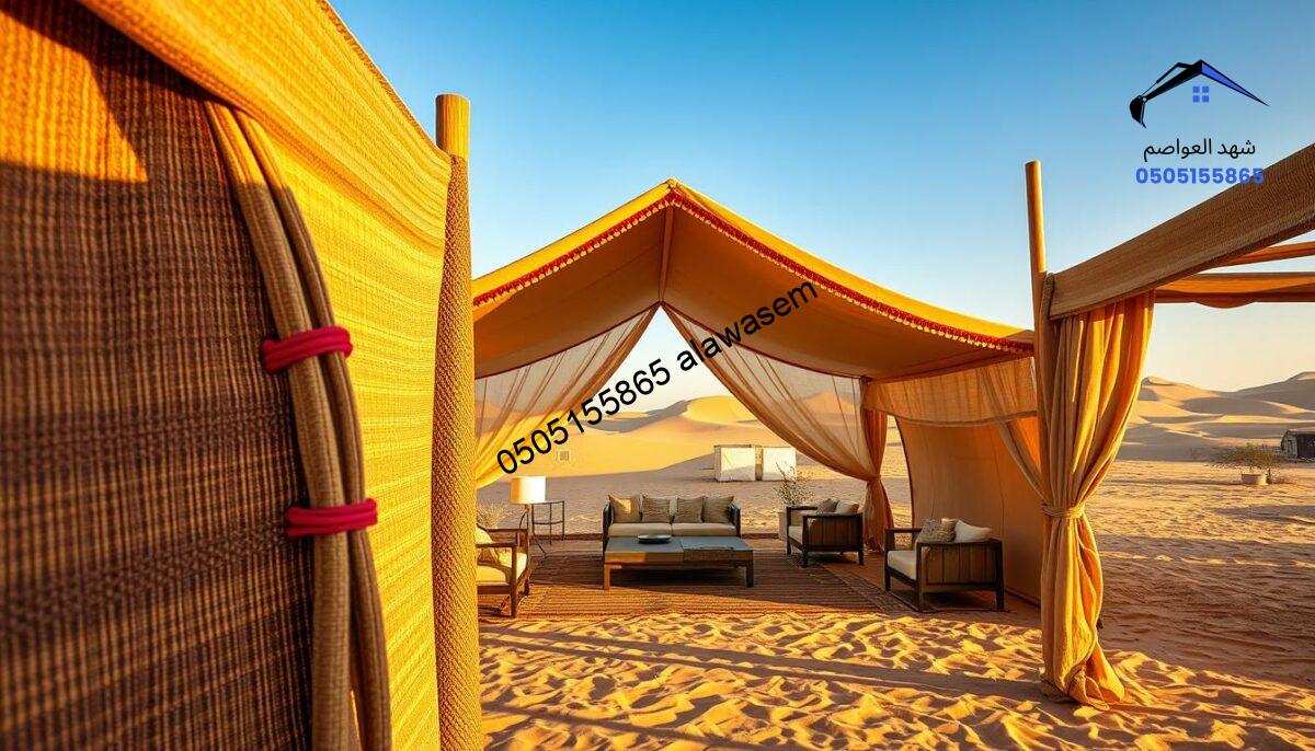 A contemporary design of traditional Bedouin tents, showcasing modern architectural elements. In the foreground, intricately woven fabric with a blend of earthy tones and bright accents, elegantly draped and secured with stylish fastenings. The middle ground features a spacious, open tent with transparent panels allowing natural light to flood in, complementing minimalist furniture that combines comfort and elegance. In the background, a serene desert landscape with rolling dunes under a clear blue sky, dotted with subtle shadows from the tents. Soft, warm golden hour lighting creates a tranquil and inviting atmosphere, enhancing the beauty of the scene. Capture this composition with a wide-angle lens to emphasize the spaciousness and harmony of the design elements, while evoking a sense of cultural heritage fused with modern innovation.