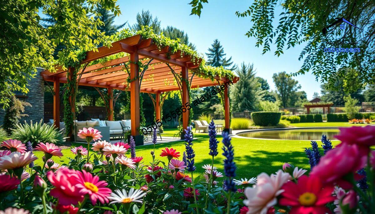 A contemporary garden design, showcasing an elegant blend of nature and structure. In the foreground, a beautifully manicured flower bed with vibrant blooms of various colors, including roses, daisies, and lavender. The middle ground features stylish wooden pergolas with climbing vines, providing shaded seating areas. Soft sunlight filters through the leaves, casting dappled shadows on the lush green grass. In the background, a serene pond reflects the surrounding greenery and a clear blue sky. The perspective is from a low angle, emphasizing the height of the pergolas. The mood is tranquil and inviting, perfect for relaxation and gathering. The scene embodies the essence of an ideal garden space, filled with harmony and natural beauty.