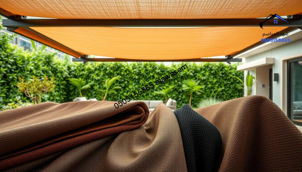 A detailed and realistic depiction of materials used in manufacturing outdoor canopies and shades, focusing on high-quality textiles and structural components. In the foreground, showcase a variety of fabric swatches like polyester, vinyl, and mesh, with intricate textures and colors. In the middle ground, display the frame materials, such as aluminum and steel, arranged artistically to highlight their strength and durability. The background features a serene outdoor setting typical of modern villas in Tuwaiq and Al-Dhahriah, with lush greenery to create a natural atmosphere. Soft, diffused daylight emphasizes the quality and colors of the materials, and the composition captures a sense of professionalism and elegance, conveying a mood of sophistication in construction and design.
