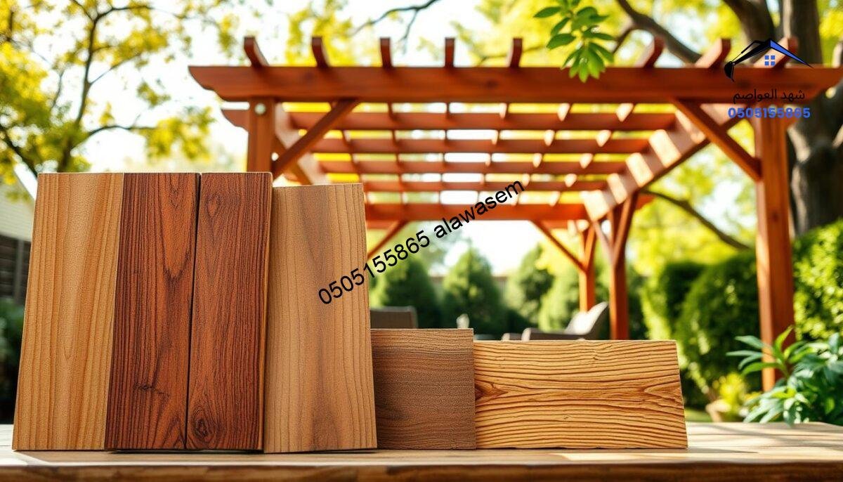 A detailed arrangement showcasing various types of wood used in pergolas. In the foreground, display different wood samples such as cedar, redwood, and pressure-treated pine, highlighting their unique textures and colors. The middle ground features an elegant pergola structure made from these woods, intricately designed with natural finishes and shadow play, emphasizing craftsmanship. In the background, a serene outdoor setting adorned with greenery and soft sunlight filtering through tree branches creates a warm and inviting atmosphere. Capture this scene from a slightly elevated angle to provide depth and perspective, using soft, natural lighting to enhance the wood's rich hues and grain patterns. The mood is tranquil and inspiring, suitable for an informative context about pergola materials.