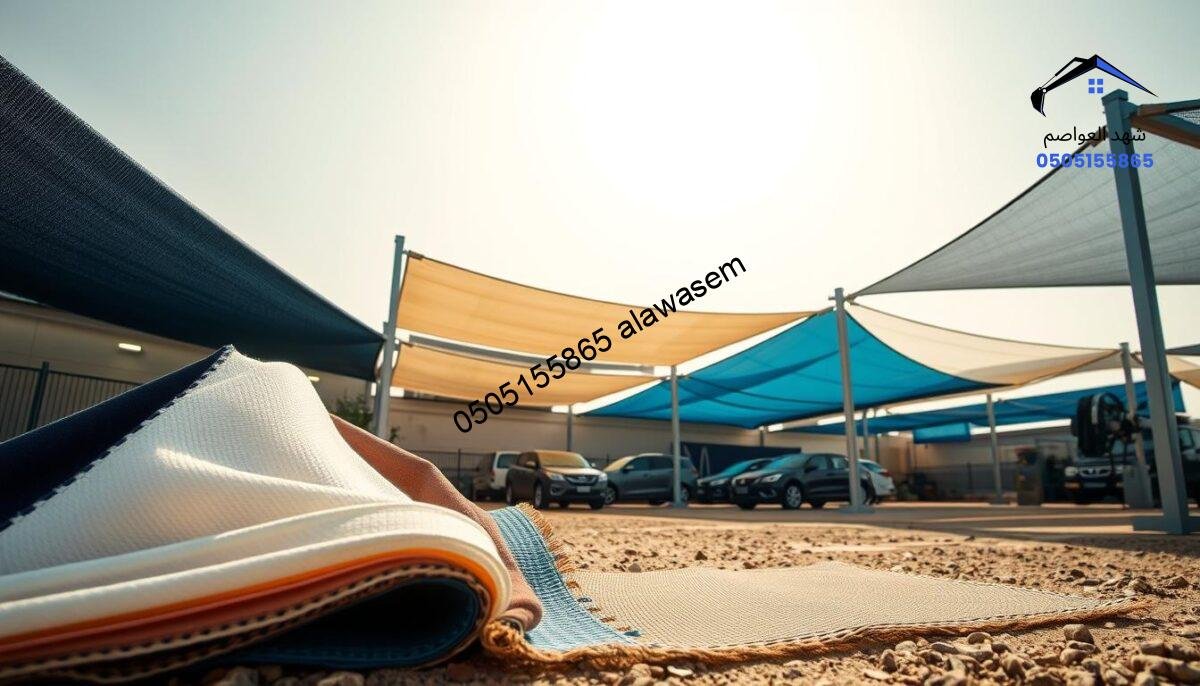 A detailed array of car shelter materials displayed on an outdoor setting in North Riyadh. In the foreground, showcase various types of fabric swatches used for car shade structures, including UV-resistant polyester and breathable mesh, accompanied by structural components like aluminum frames and sturdy anchors. In the middle ground, present partially-assembled car shelters, highlighting their design and durability. The background features a sunlit sky typical of Riyadh's climate, casting soft shadows on the materials, enhancing the textures and colors. Use natural lighting to accentuate the vibrant hues of the fabrics—deep blues, bright whites, and earthy tones—creating a professional atmosphere. The scene should evoke a sense of reliability, showcasing the quality and craftsmanship of materials used in car shade installations.