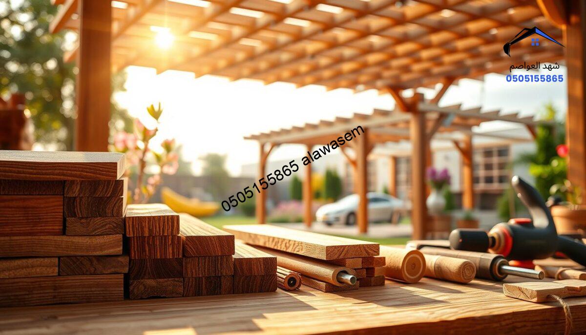 A detailed composition showcasing materials for manufacturing wooden garden canopies in Riyadh. In the foreground, display various types of wood, including elegant mahogany and sturdy teak, arranged aesthetically with visible texture and grain patterns. The middle ground should feature tools such as saws, chisels, and sanders, highlighting craftsmanship. In the background, softly blurred images of partially constructed wooden shade structures, set in a lush garden environment with elements like greenery and blooming flowers, create a serene atmosphere. The lighting should be warm and inviting, with golden hour sunlight streaming in, casting gentle shadows and enhancing the natural wood's colors. Use a shallow depth of field to focus on the materials while giving a soft hint of the completed structures behind them.