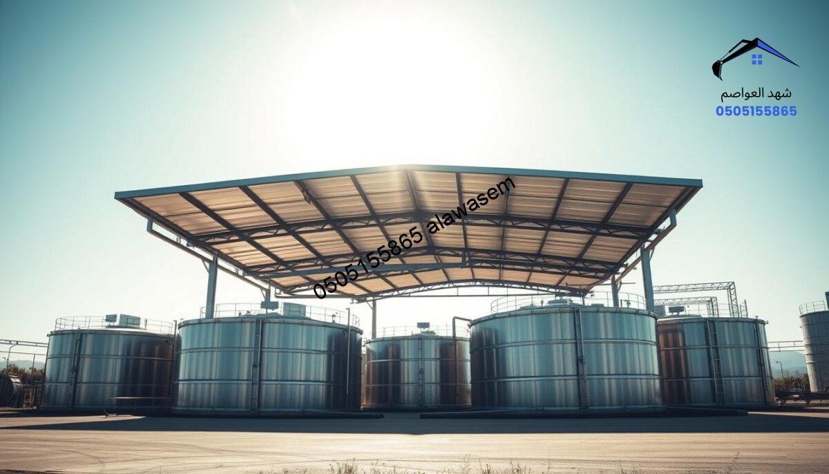 A detailed design of storage tank canopies set within an industrial environment. In the foreground, showcase a sleek, modern canopy structure crafted from durable materials, emphasizing functionality and aesthetics. The canopy should be expertly fitted over several large storage tanks, allowing glimpses of their metallic surfaces. In the middle ground, include the background of a light industrial site with clear blue skies, soft sunlight illuminating the scene, creating a serene, focused atmosphere. Utilize a wide-angle perspective to capture the entire setup, highlighting both the scale and intricacies of the design. Ensure soft shadows are cast by the canopies, enhancing depth. The overall mood should be professional, reflecting innovation in tank canopy design.