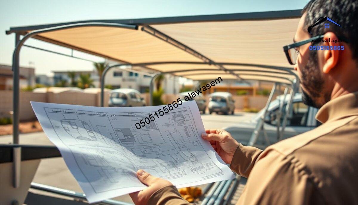 A detailed guide on installing car canopies, focusing on the various steps involved. In the foreground, depict a professional wearing modest casual clothing, examining a blueprint for the canopy installation. In the middle, show tools and materials neatly arranged, including canopy fabric, poles, and a ladder. In the background, illustrate a sunny suburban setting in northern Riyadh with several partially erected car canopies. The lighting should be bright and natural, suggesting a warm day. Use a slightly angled perspective to create depth, highlighting the meticulous nature of the installation process. The atmosphere should be focused and productive, conveying the professionalism of the installation work.