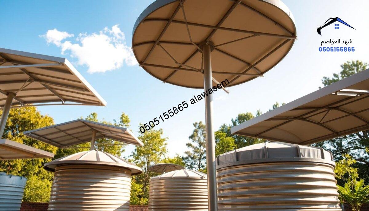 A detailed image of water tank canopies, showcasing various types and designs in a vibrant outdoor setting. In the foreground, depict several elegant and functional canopies above water tanks with different shapes and materials, highlighting their protective features. The middle ground should feature lush greenery and sunlight filtering through, creating a warm and inviting atmosphere. The background should include a clear blue sky and distant trees, emphasizing the harmony between nature and the structures. Ensure soft, natural lighting enhances the scene, capturing the essence of functionality and aesthetic appeal. The angle should be slightly elevated, providing a comprehensive view of the canopies and their context, evoking a sense of reliability and beauty in water tank installation solutions.