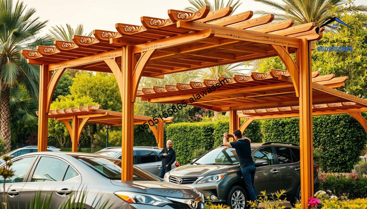 A detailed scene of a professional installation of car canopies in a beautifully landscaped garden setting of Riyadh. In the foreground, showcase sturdy wooden car canopies with ornate designs, providing shade for parked vehicles. In the middle ground, depict skilled workers in professional attire carefully assembling the canopies, using tools and equipment. The background features lush greenery, trees, and flowering plants that enhance the serene atmosphere. The lighting is warm and inviting, suggesting a late afternoon sun casting soft shadows. Capture this from a slightly elevated angle to provide a comprehensive view of the installation process and the overall environment, evoking a sense of tranquility and professionalism.